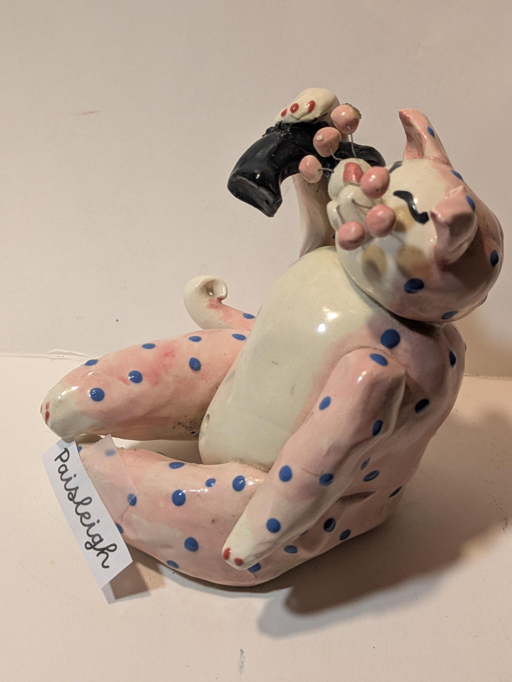 Paisleigh — Vintage 1999 WhimsiClay Pink Polka Dot Cat with Phone Receiver by Amy Lacombe