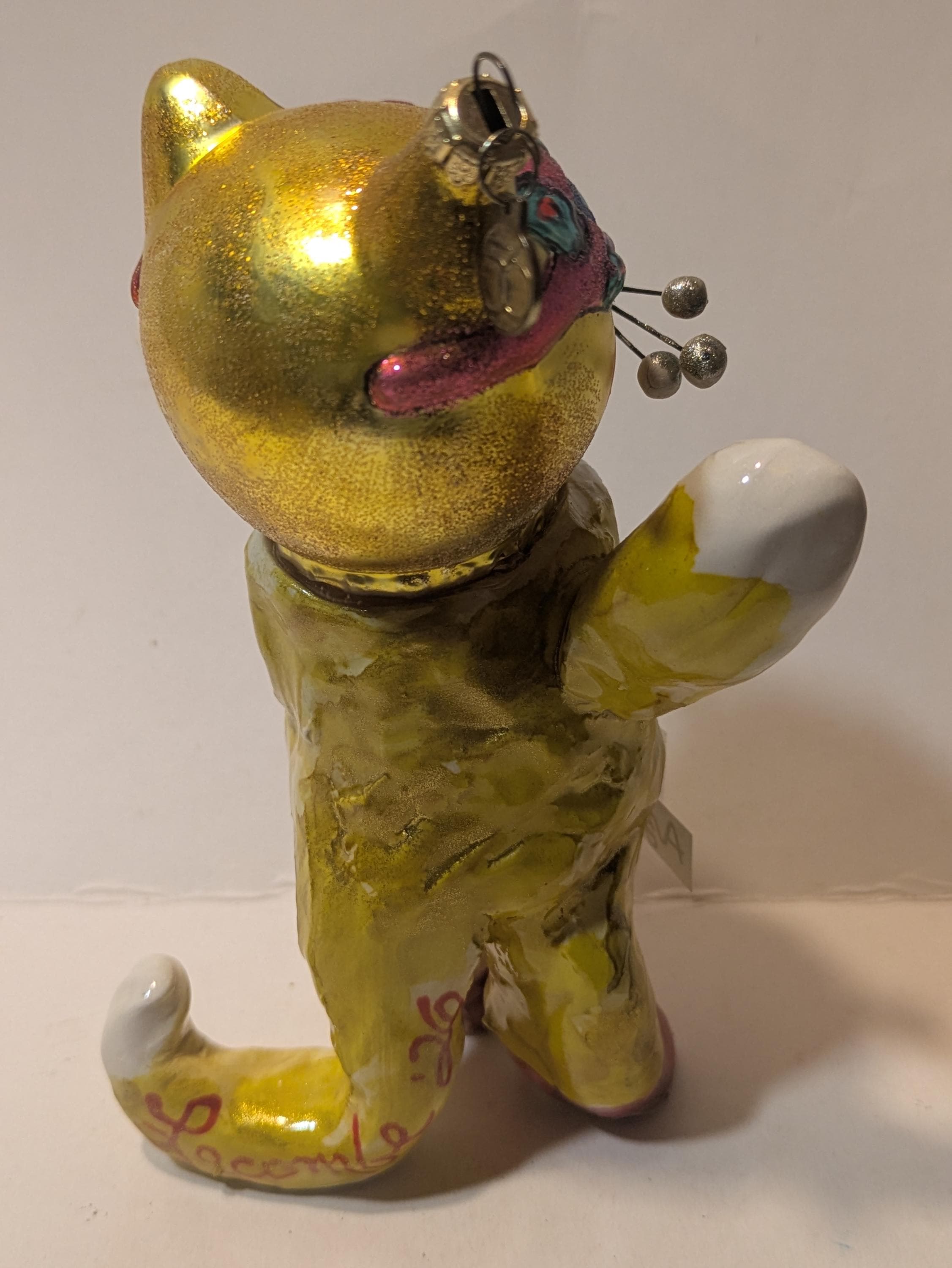 Alien Azora – WhimsiClay Cat with Glass Ornament Head Handmade by Amy Lacombe