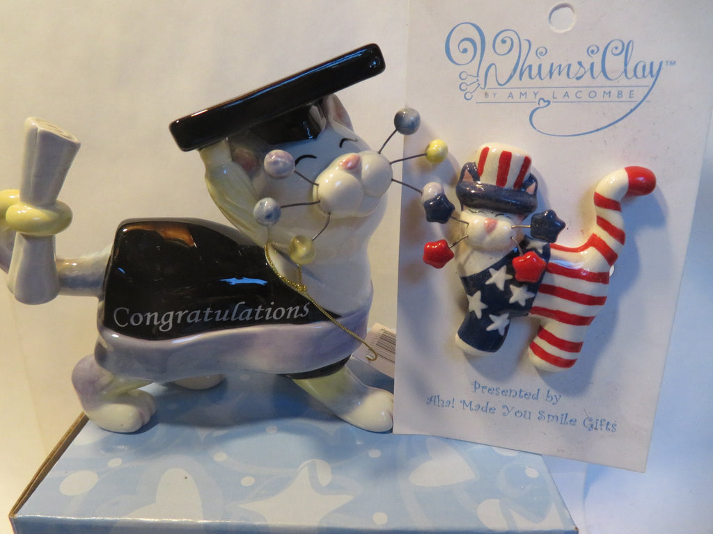 Teacher & Graduate Cat Pair — WhimsiClay Ceramic Figurines by Amy Lacombe, Gift Boxed