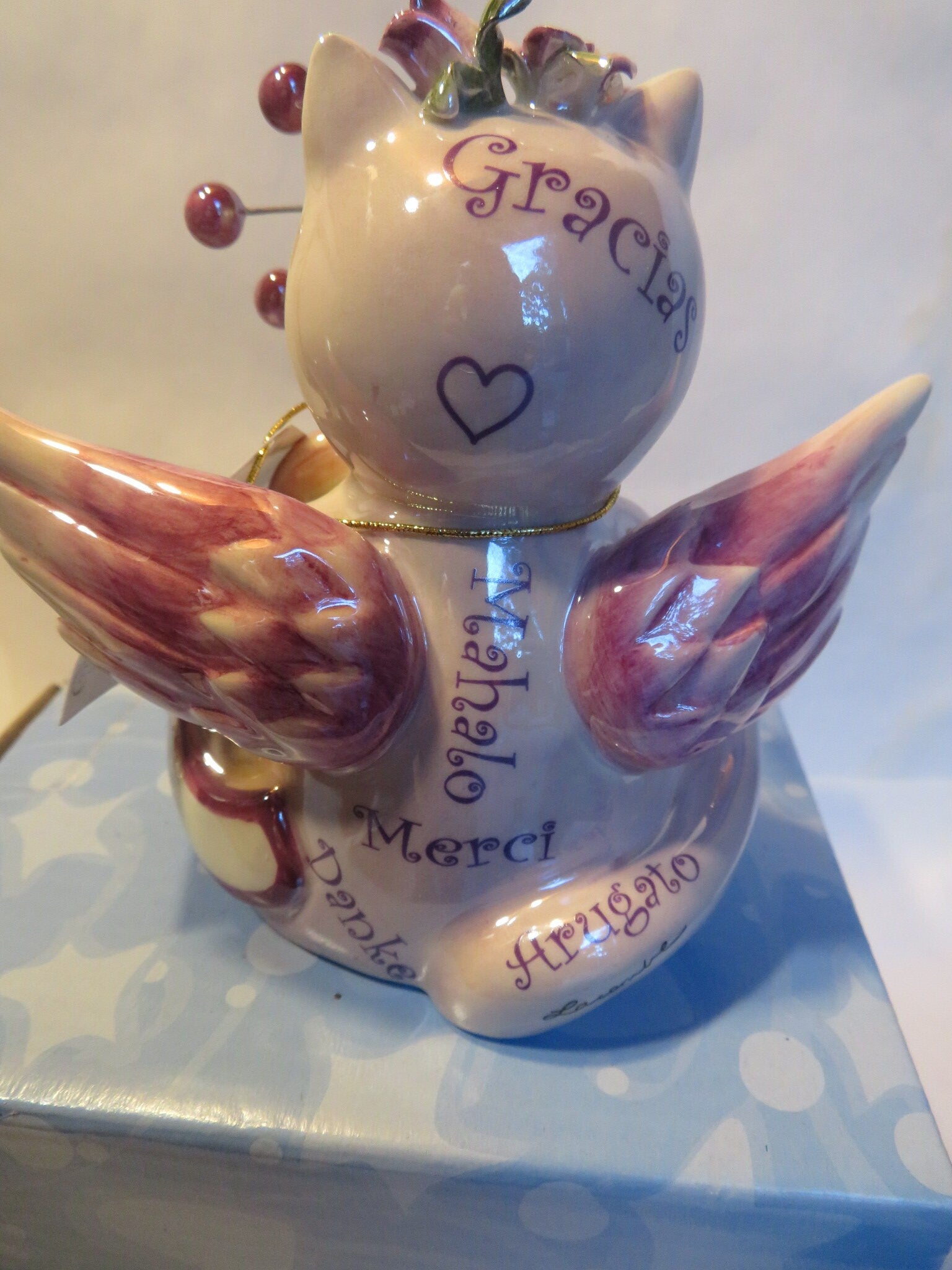 Graduate & Gratitude — WhimsiClay Angel Cat Pair, Boxed, with Yankee Doodle Cat Pin