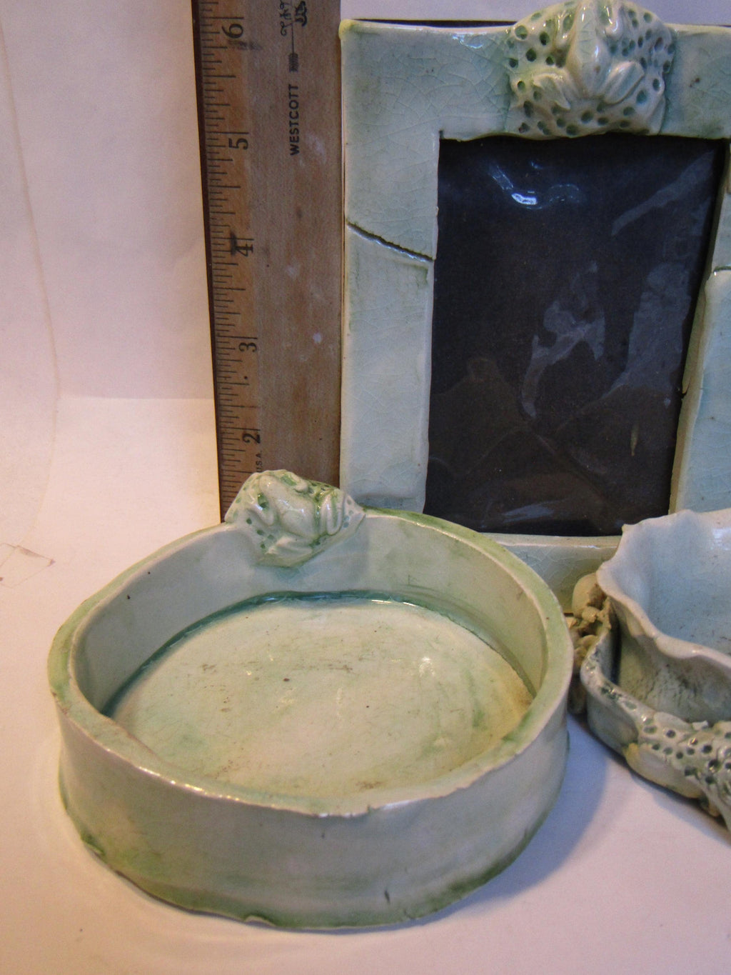 Frog Trio — Vintage WhimsiClay One-of-a-Kind Votive, Photo Frame & Dish by Amy Lacombe, Celadon Glaze