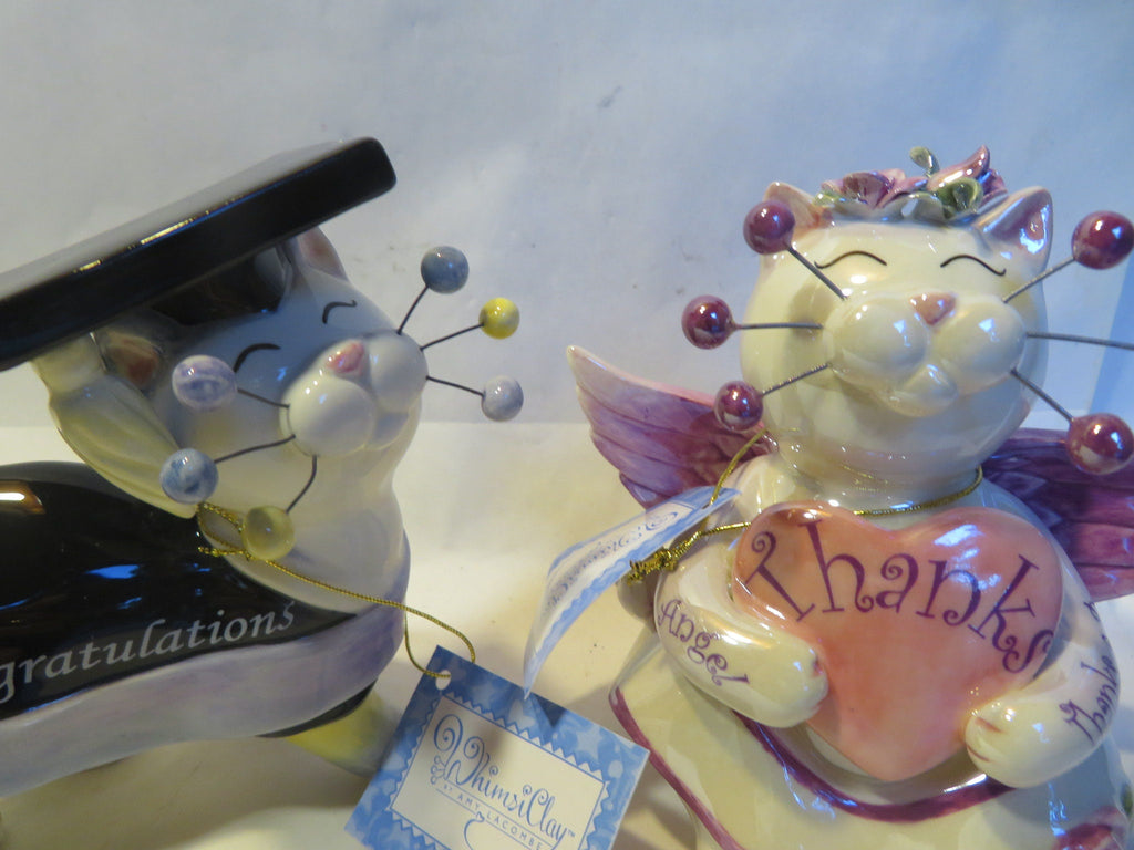 Graduate & Gratitude — WhimsiClay Angel Cat Pair, Boxed, with Yankee Doodle Cat Pin