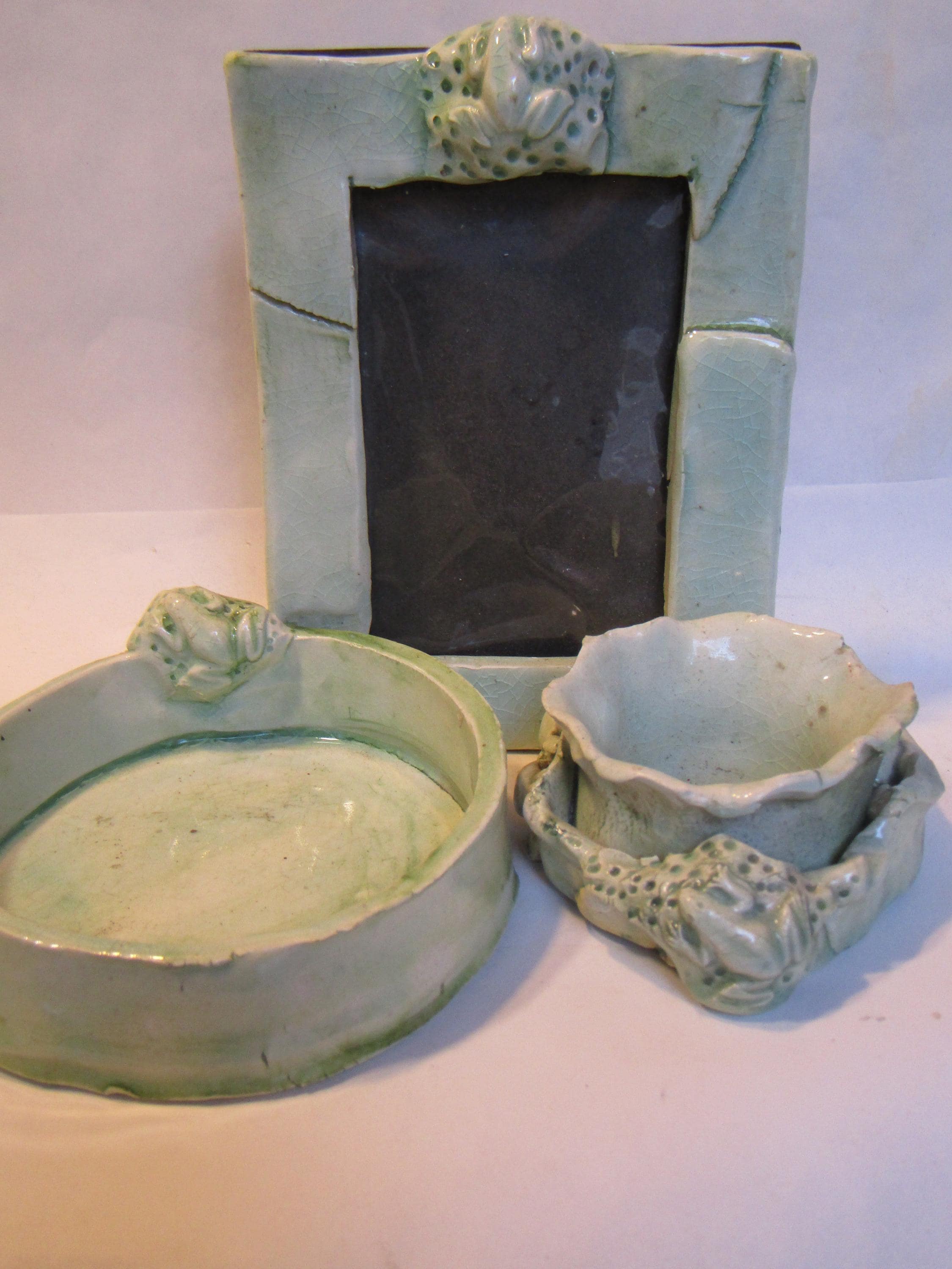 Frog Trio — Vintage WhimsiClay One-of-a-Kind Votive, Photo Frame & Dish by Amy Lacombe, Celadon Glaze