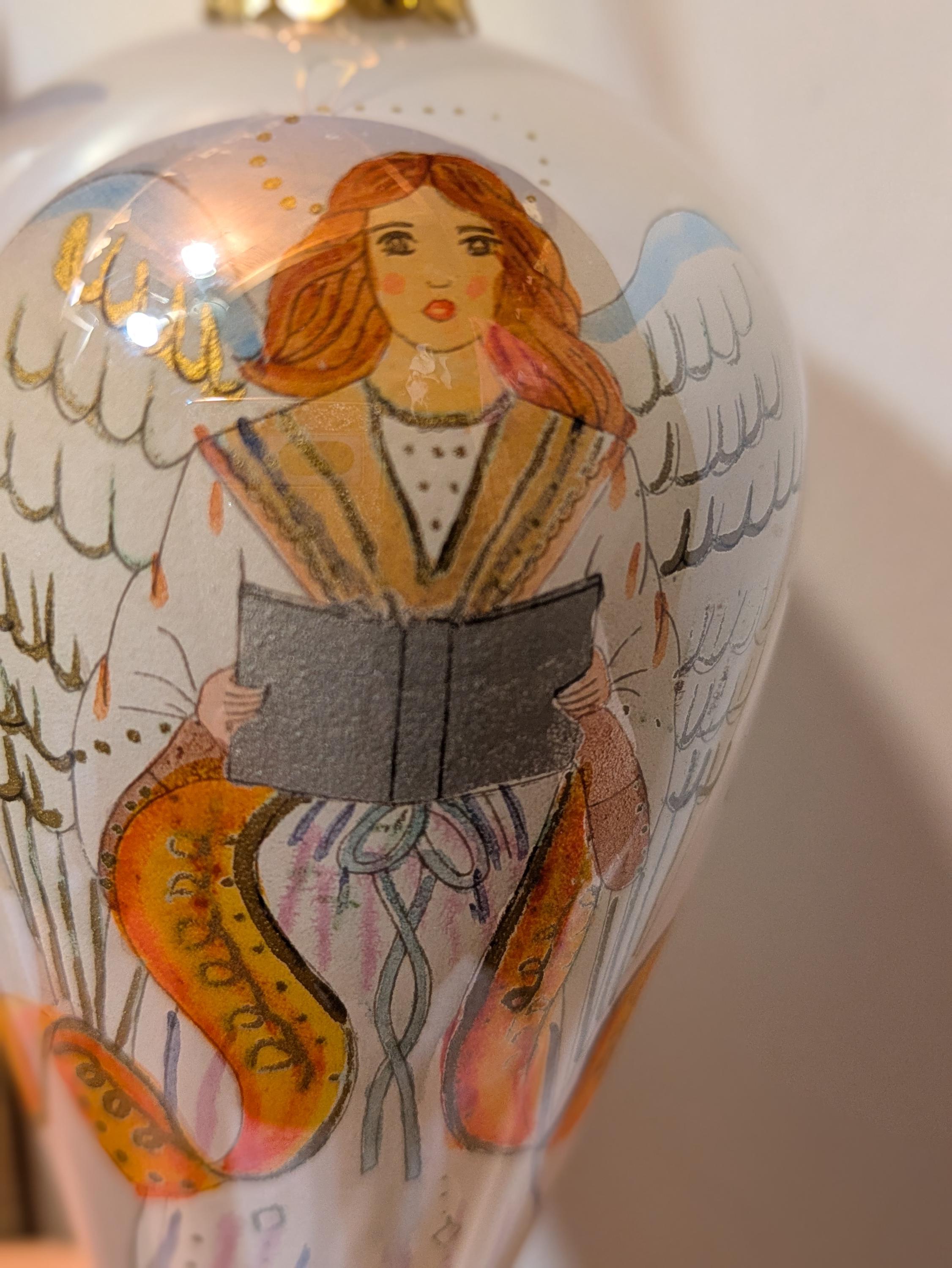 Angel — Vintage Lustered Teardrop Hand-Painted Glass Ornament in Gold Brocade Box