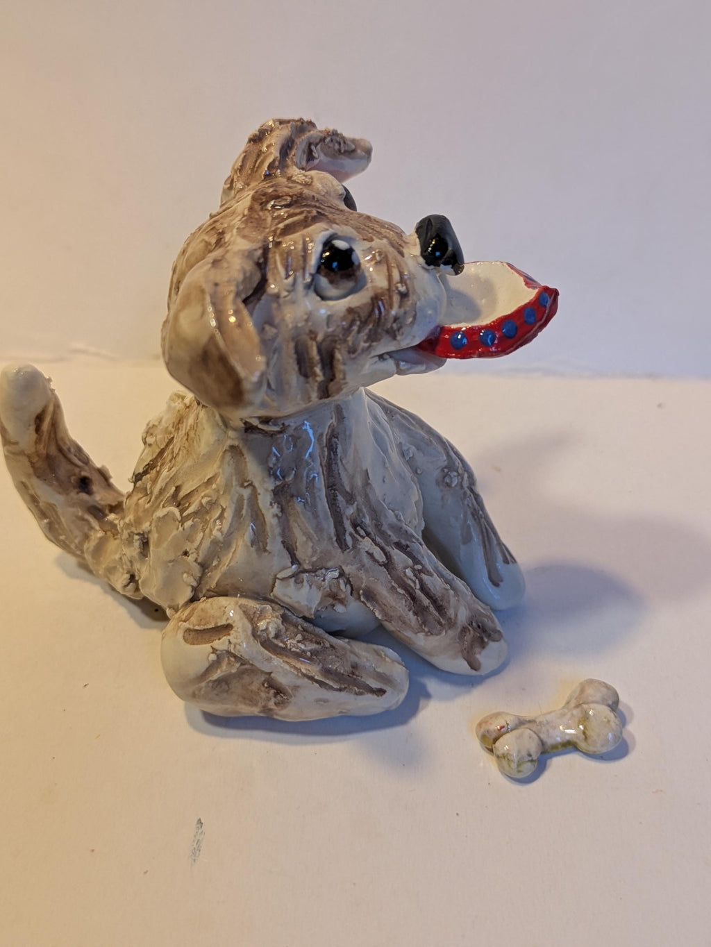 Ace — WhimsiClay Scruffy Brown Dog with Bowl & Bone by Amy Lacombe