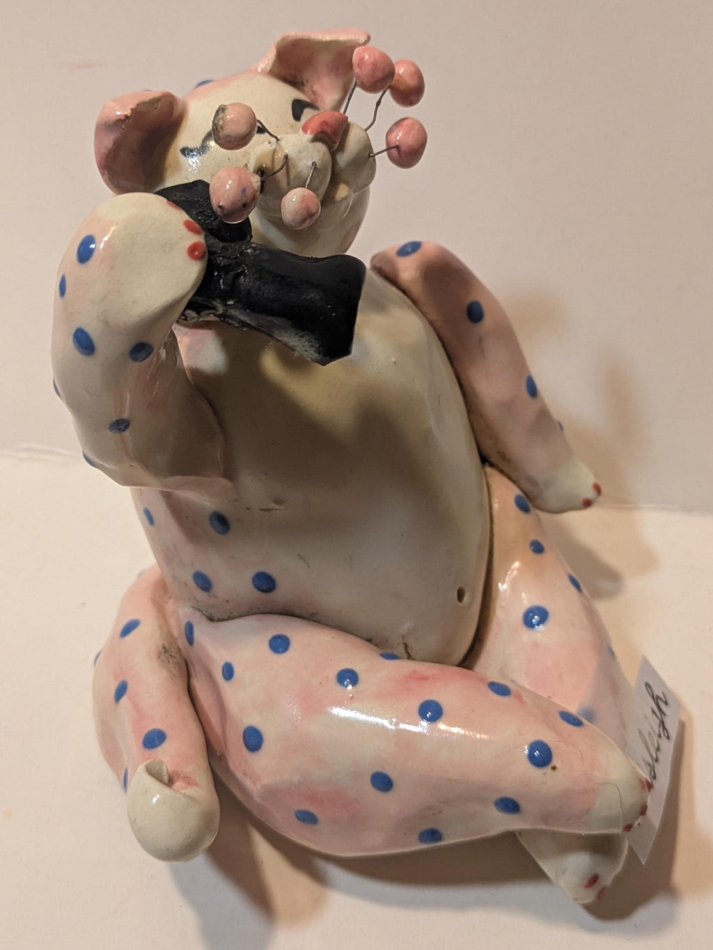 Paisleigh — Vintage 1999 WhimsiClay Pink Polka Dot Cat with Phone Receiver by Amy Lacombe