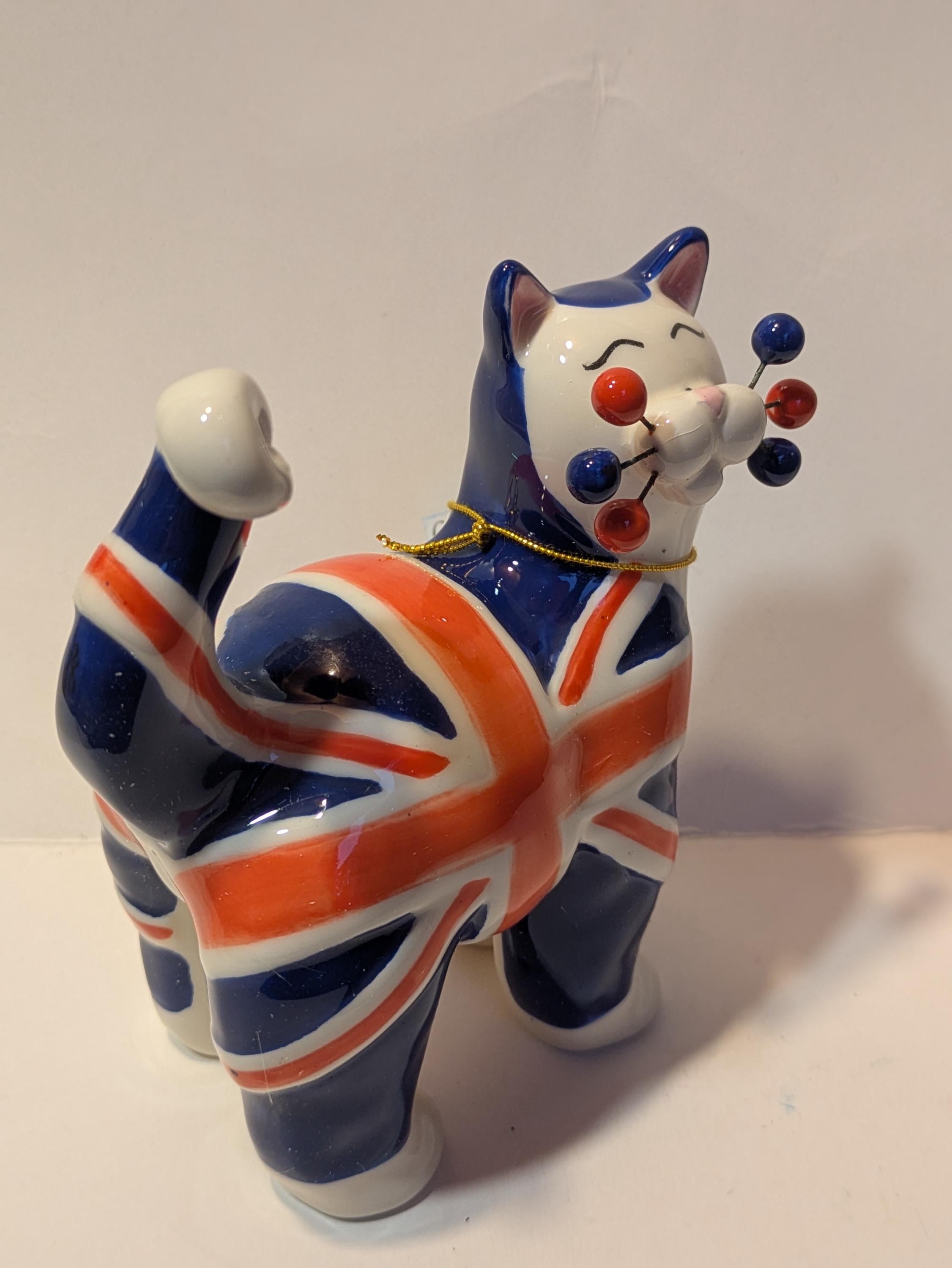 Charles — Rare Union Jack WhimsiClay Cat, Hand Signed by Amy Lacombe, with Yankee Doodle Kitty Pin