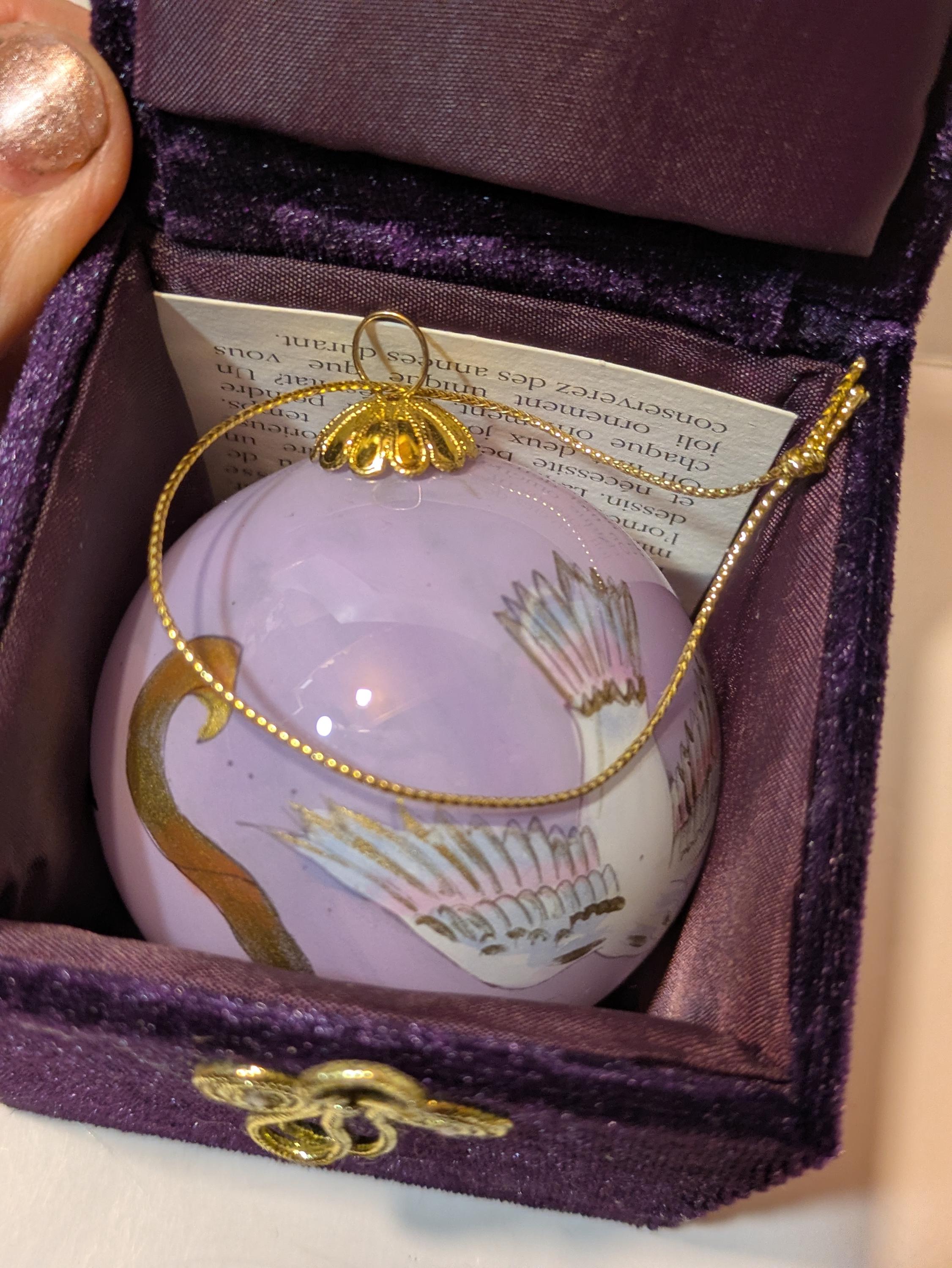 Peace Dove — Vintage Lavender Hand-Painted Glass Ornament in Purple Velvet Box