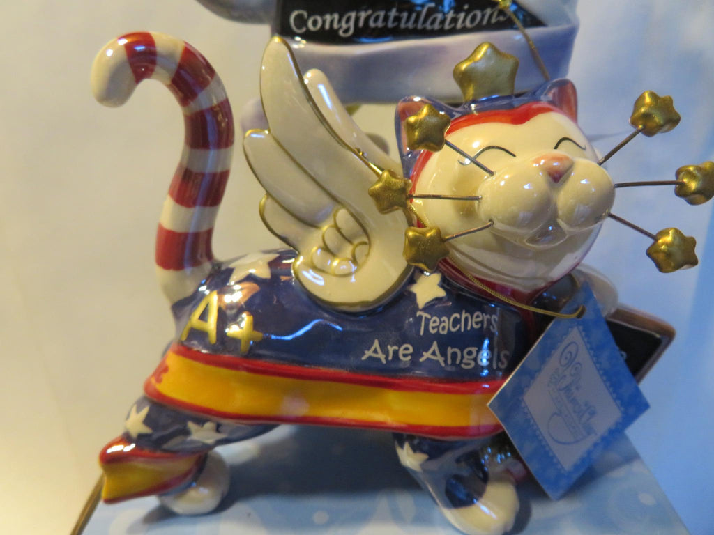 WhimsiClay teacher cat In Box, + Angelica Cat Pin