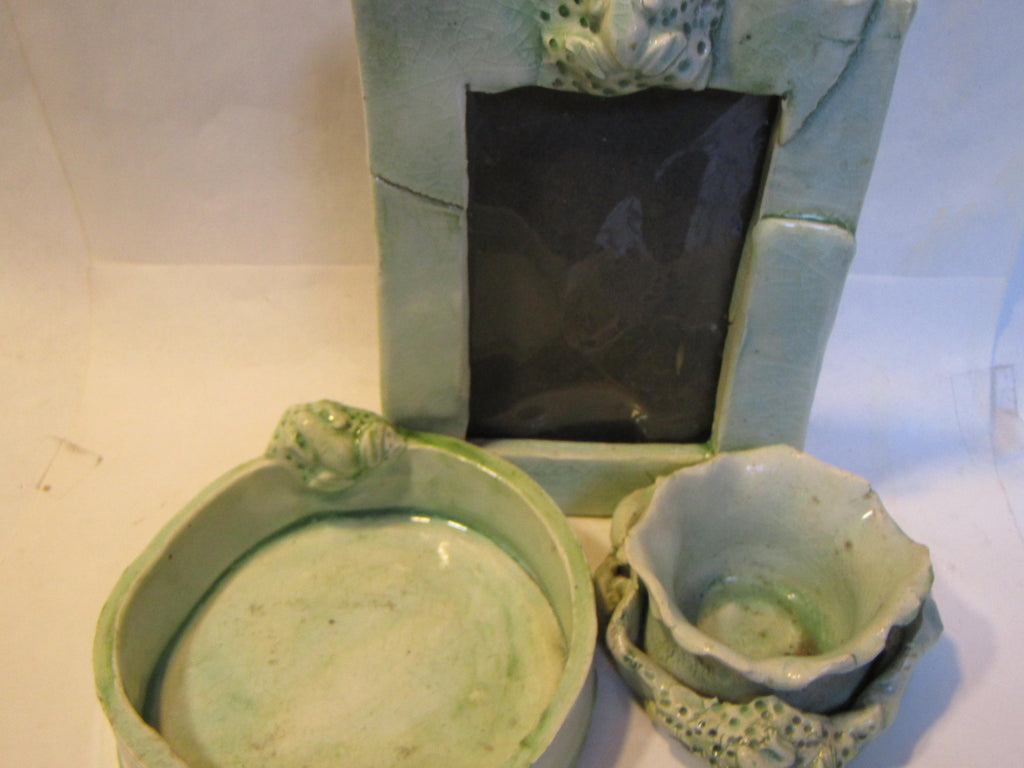 Frog Trio — Vintage WhimsiClay One-of-a-Kind Votive, Photo Frame & Dish by Amy Lacombe, Celadon Glaze