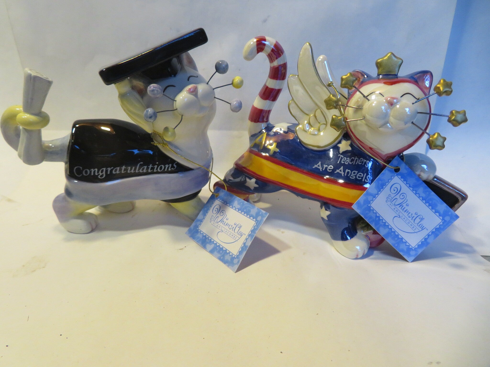 Teacher & Graduate Cat Pair — WhimsiClay Ceramic Figurines by Amy Lacombe, Gift Boxed