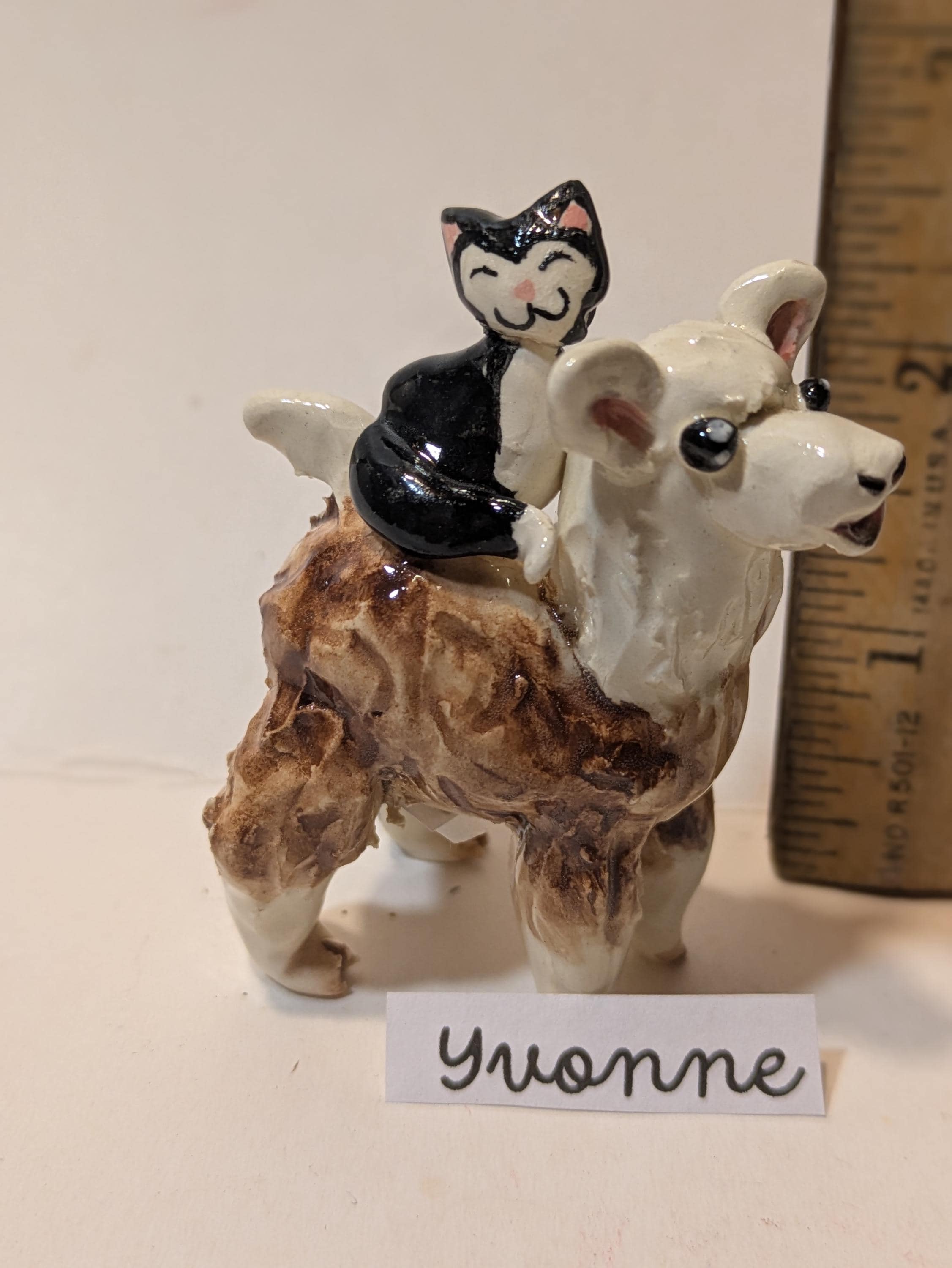 Yvonne — WhimsiClay Funny Fluffy Llama & Feline Friend by Amy Lacombe