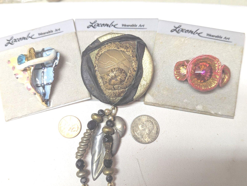 Set of 3 Unusual Pins — WhimsiClay Collage, Fiesta & Swarovski by Amy Lacombe