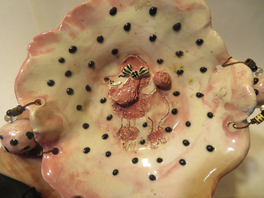 Pink Poodle Dish — WhimsiClay One-of-a-Kind Ceramic Silk-Lined Dog Frame by Amy Lacombe, with Poodle Pins