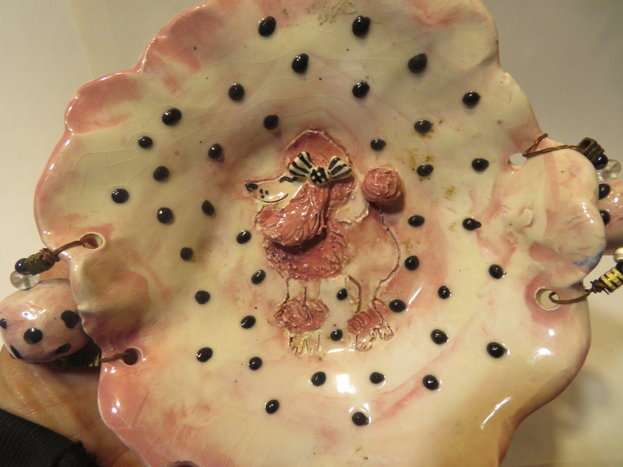 Pink Poodle Dish — WhimsiClay One-of-a-Kind Ceramic Silk-Lined Dog Frame by Amy Lacombe, with Poodle Pins