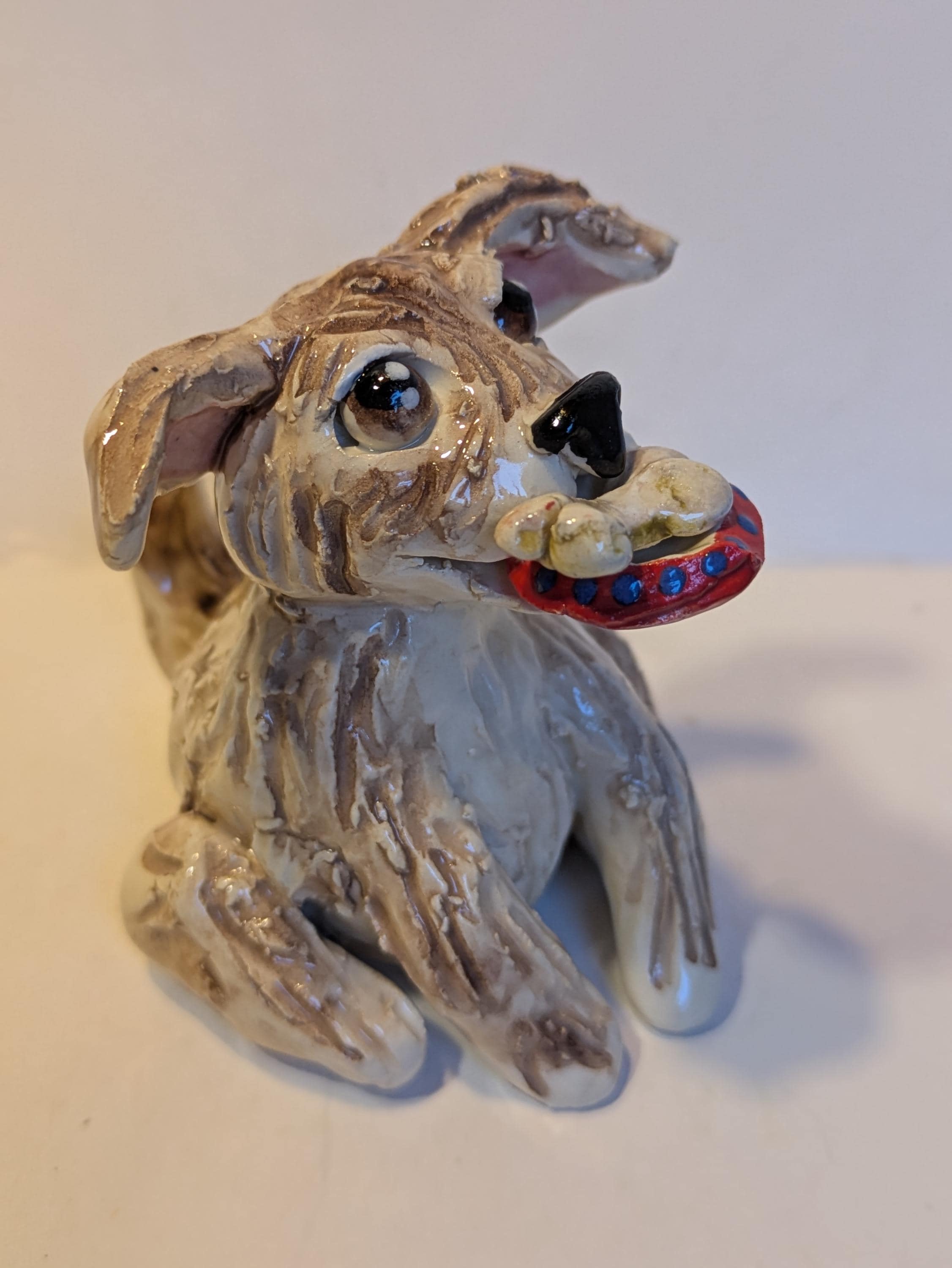 Ace — WhimsiClay Scruffy Brown Dog with Bowl & Bone by Amy Lacombe