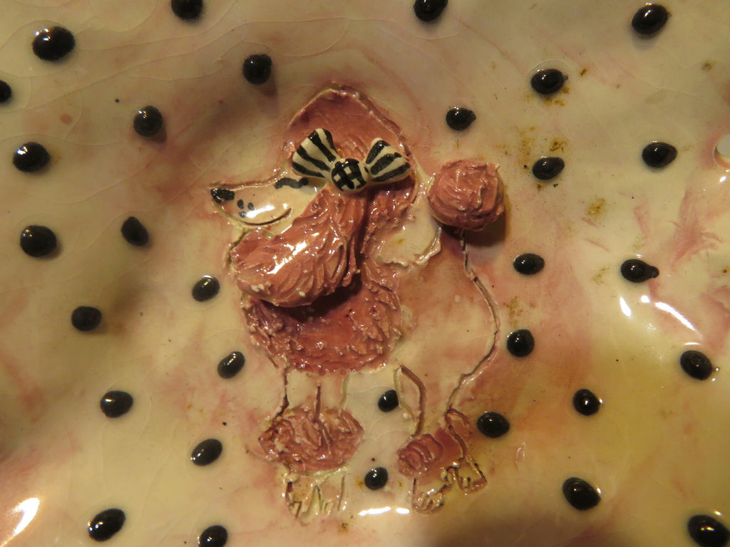 Pink Poodle Dish — WhimsiClay One-of-a-Kind Ceramic Silk-Lined Dog Frame by Amy Lacombe, with Poodle Pins