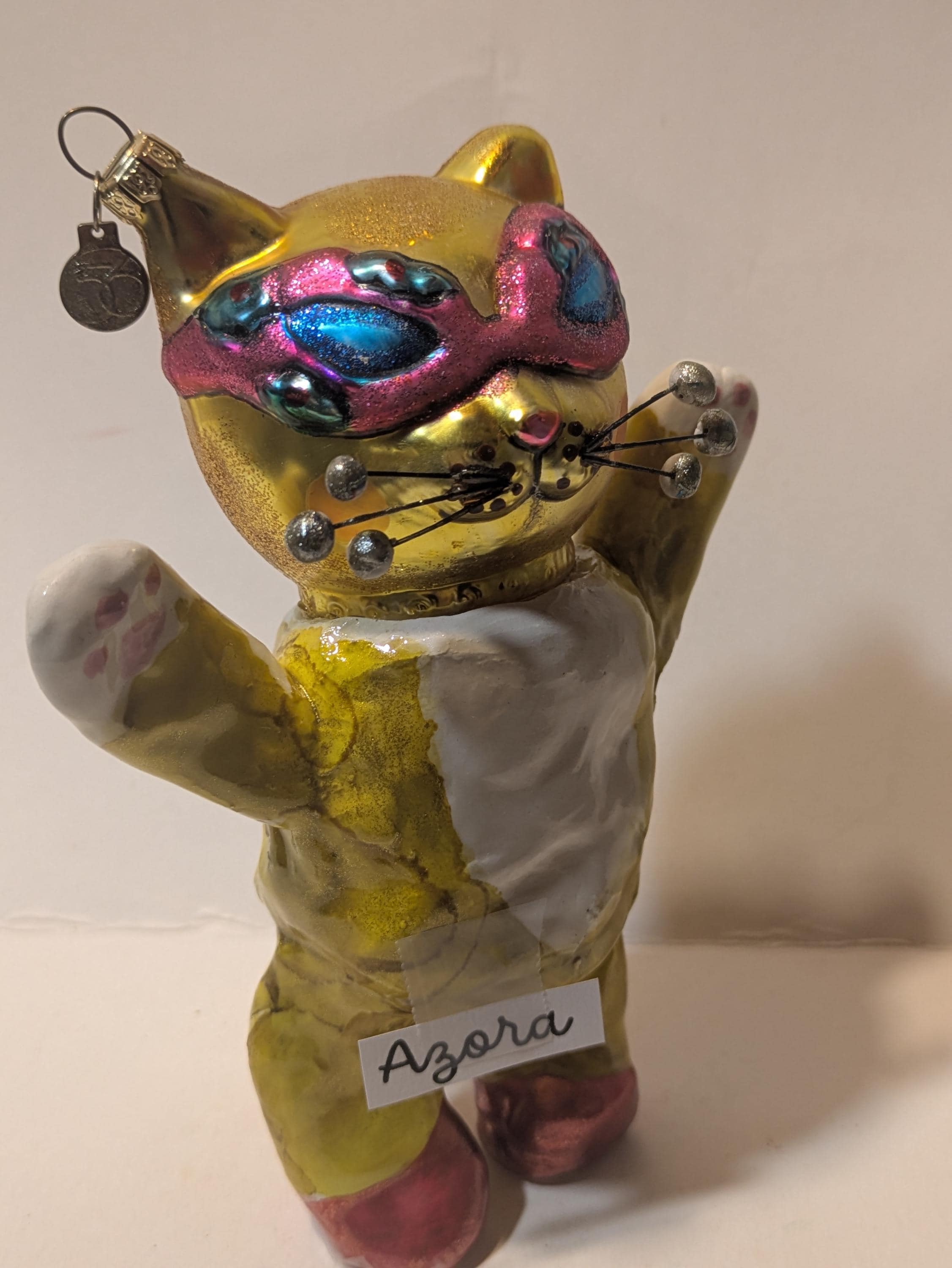 Alien Azora – WhimsiClay Cat with Glass Ornament Head Handmade by Amy Lacombe