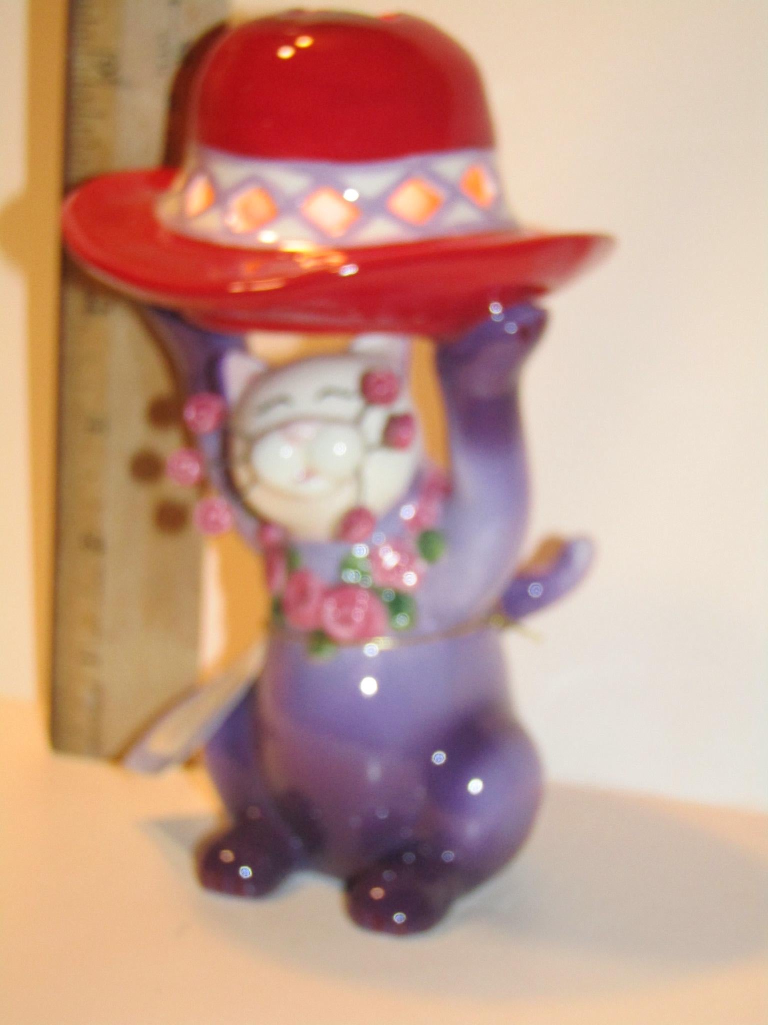 Evelyn — WhimsiClay Red Hat Cat Tealight Holder by Amy Lacombe, with Floral Pin