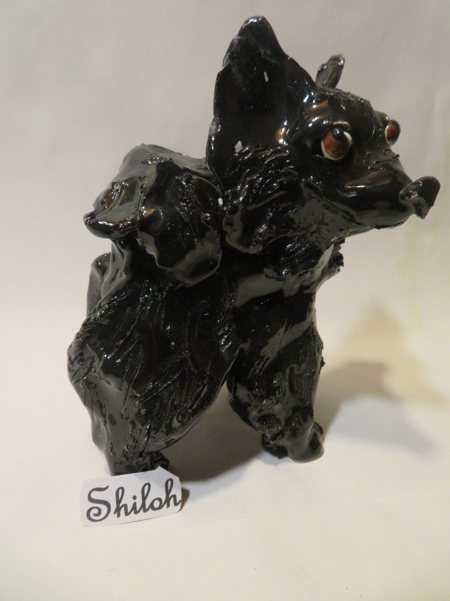 Shiloh — WhimsiClay One-of-a-Kind Long-Haired Black Chihuahua Sculpture by Amy Lacombe, with Dog Pins