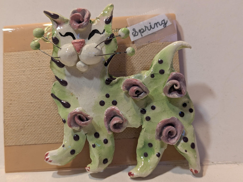 Spring — Vintage WhimsiClay Handmade Ceramic Cat Pin by Amy Lacombe