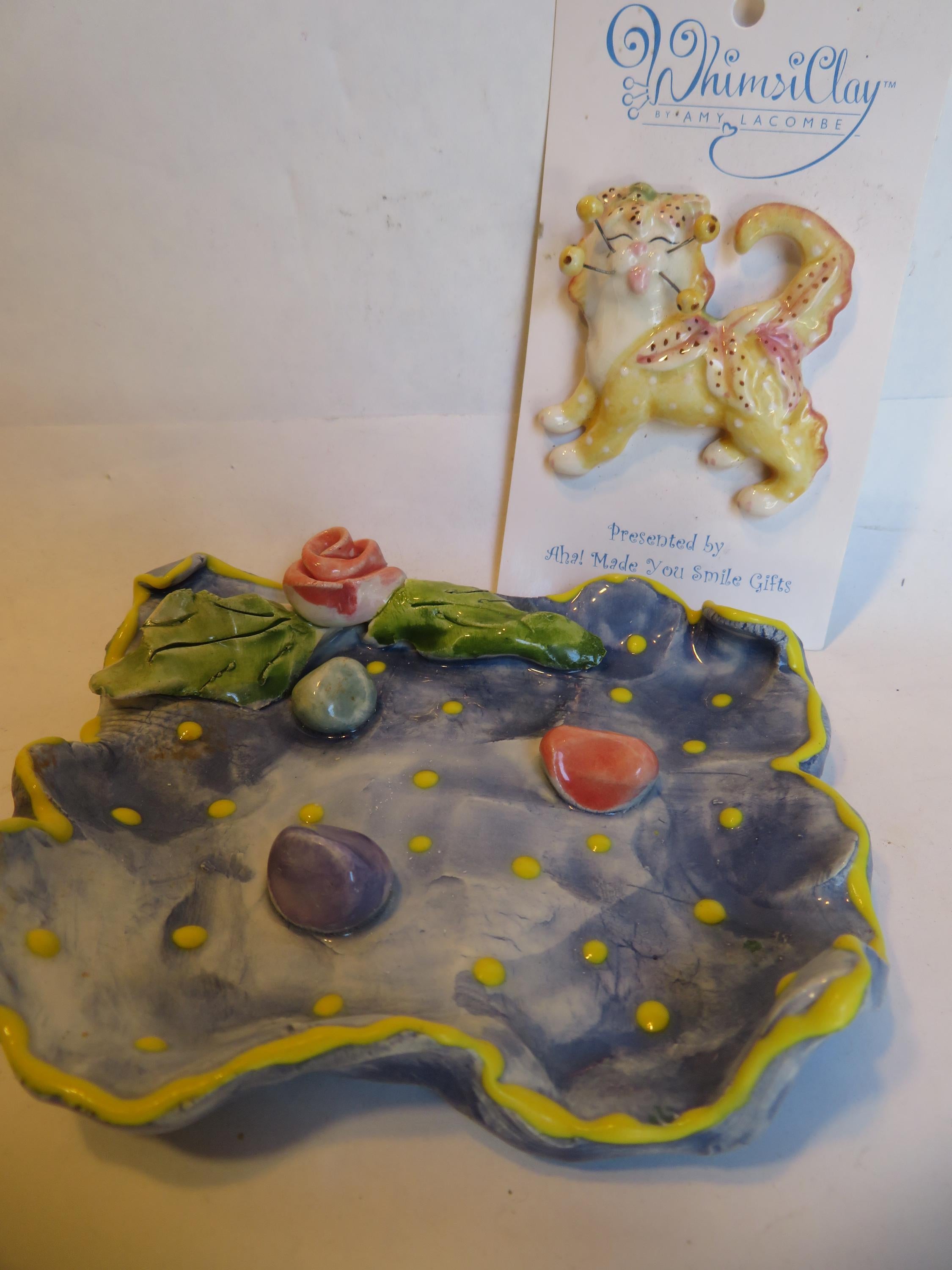 Blue Dotted Soap Dish — Vintage WhimsiClay Handmade Ceramic by Amy Lacombe, with Pin