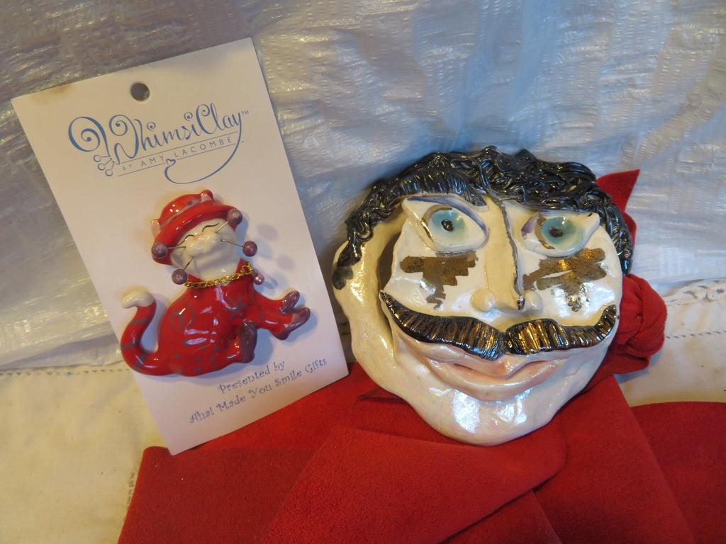 Pierre — Vintage WhimsiClay Mustachioed Ceramic Belt Buckle with Ultra Suede Belt & Pin