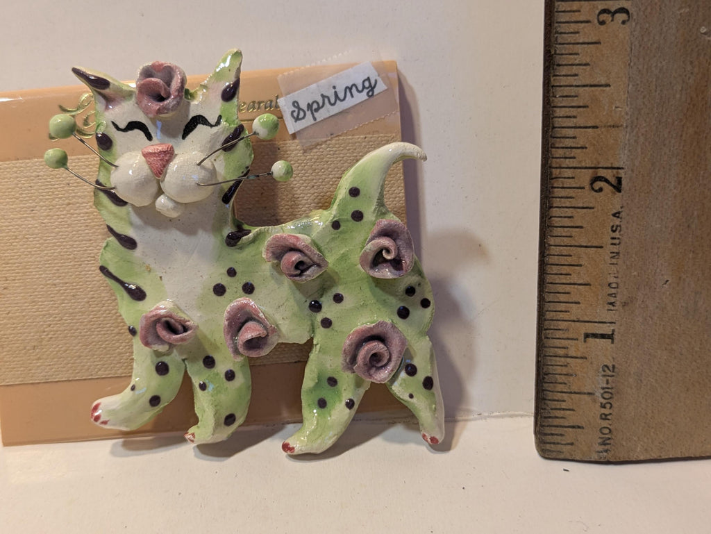 Spring — Vintage WhimsiClay Handmade Ceramic Cat Pin by Amy Lacombe