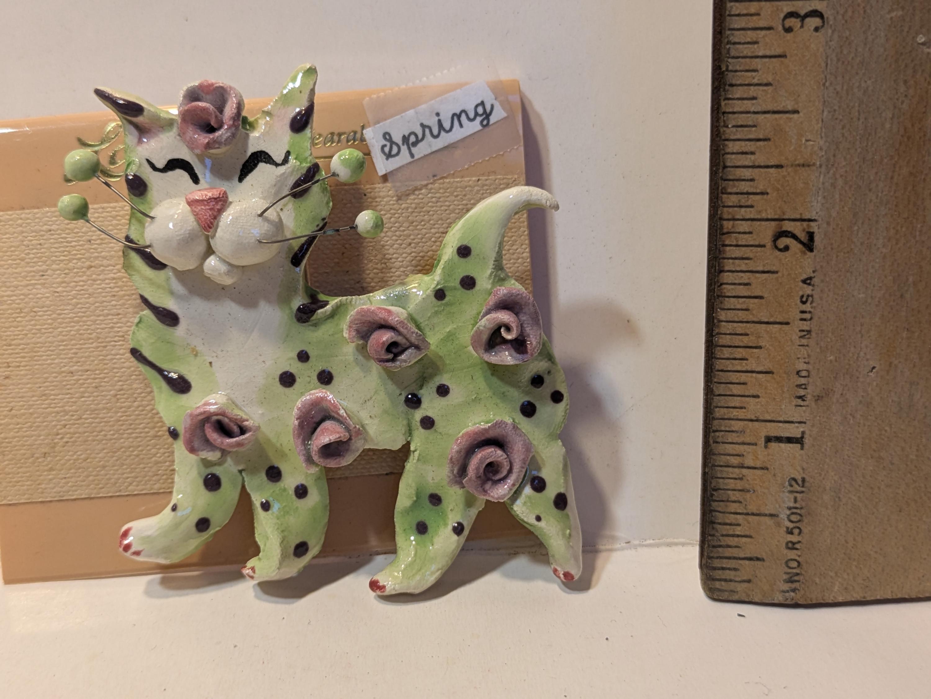 Spring — Vintage WhimsiClay Handmade Ceramic Cat Pin by Amy Lacombe