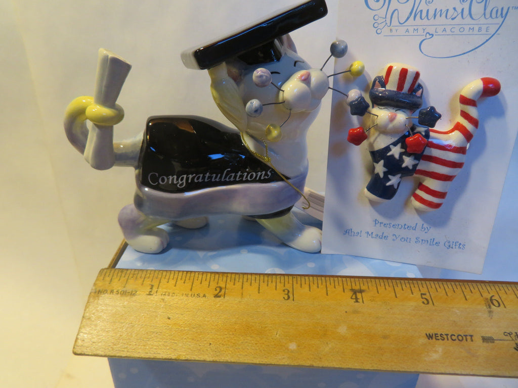 Teacher & Graduate Cat Pair — WhimsiClay Ceramic Figurines by Amy Lacombe, Gift Boxed