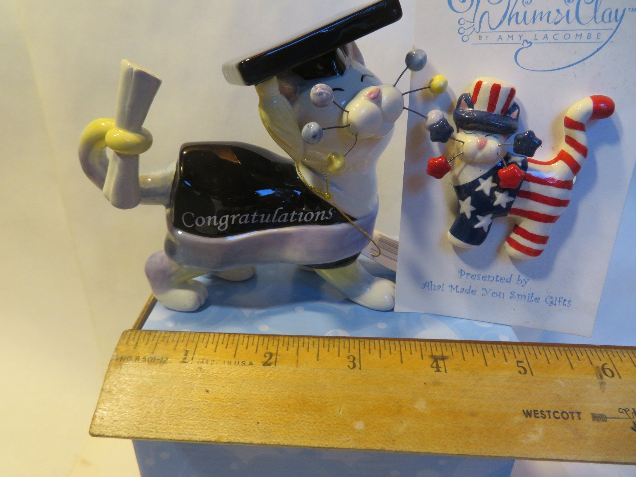 Teacher & Graduate Cat Pair — WhimsiClay Ceramic Figurines by Amy Lacombe, Gift Boxed