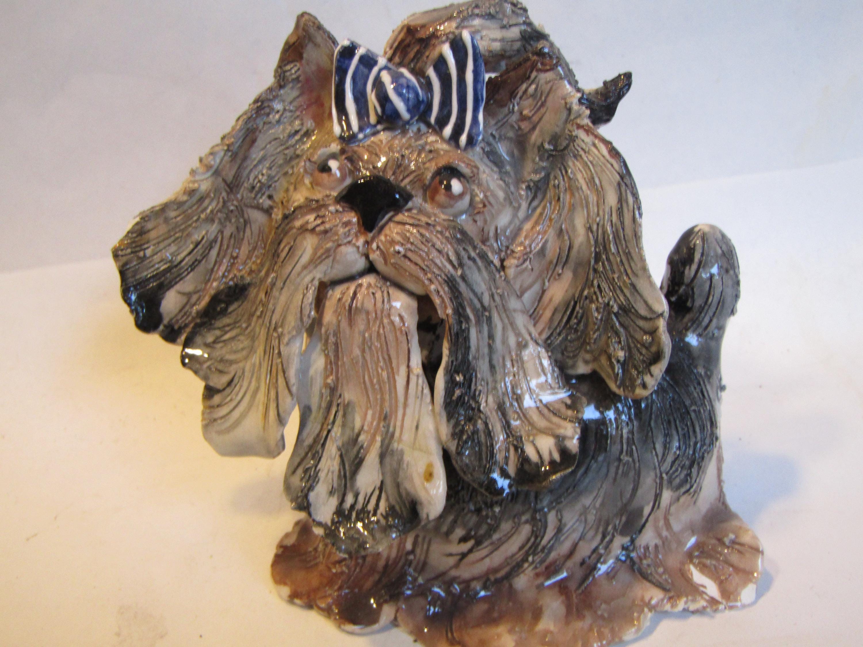 Chloe — WhimsiClay Long-Haired Yorkie Sculpture with Striped Bow by Amy Lacombe, with Dog Pins