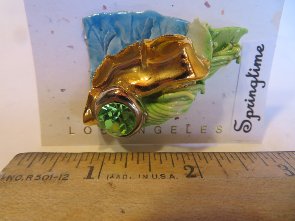 Springtime — WhimsiClay Brooch with Gold, Platinum & Peridot Swarovski Crystal