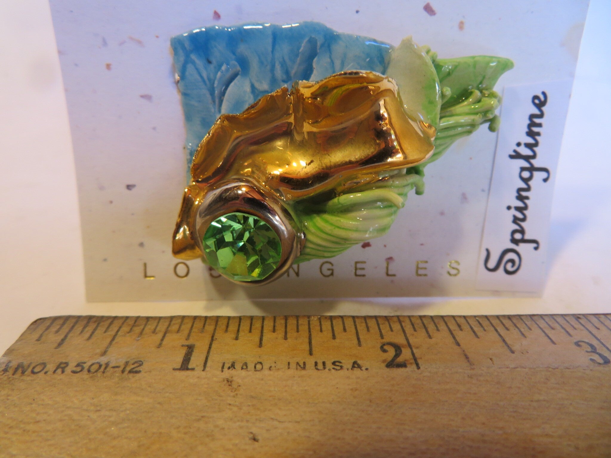 Springtime — WhimsiClay Brooch with Gold, Platinum & Peridot Swarovski Crystal