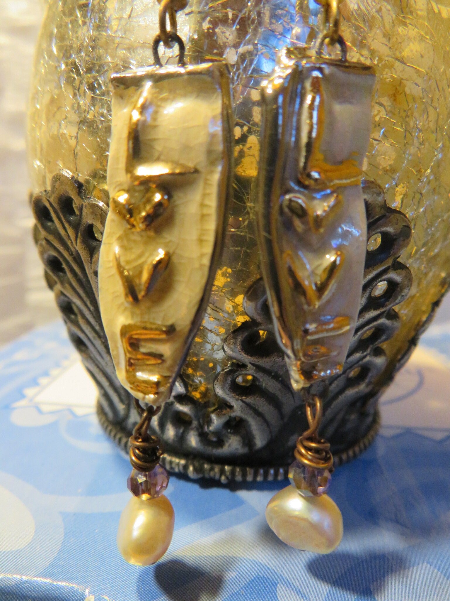 Love — WhimsiClay Creamy White Ceramic Earrings with 24K Gold & Platinum Lustre by Amy Lacombe